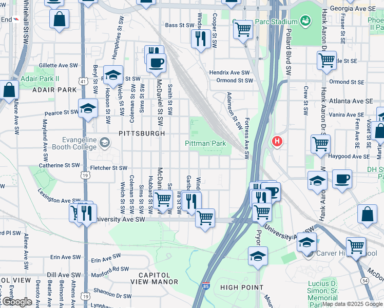 map of restaurants, bars, coffee shops, grocery stores, and more near 1054 Garibaldi Street Southwest in Atlanta