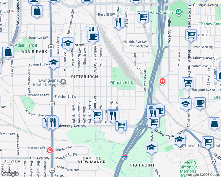 map of restaurants, bars, coffee shops, grocery stores, and more near 1054 Garibaldi Street Southwest in Atlanta