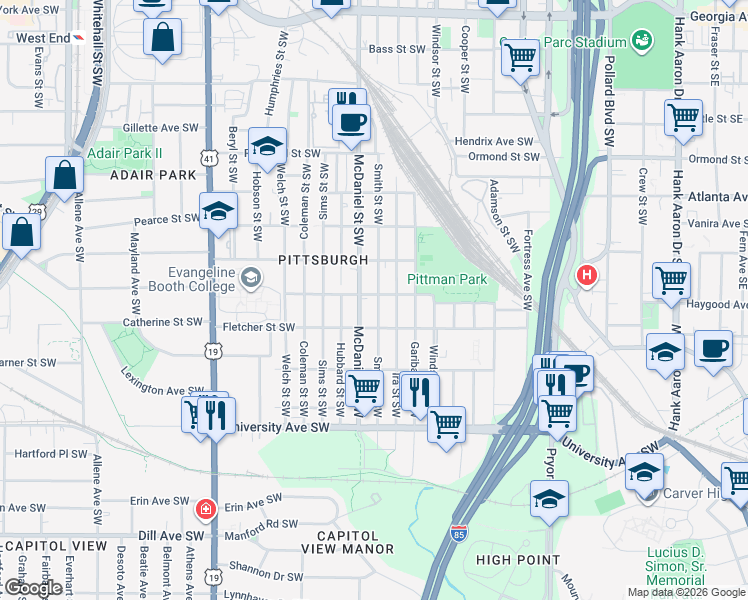 map of restaurants, bars, coffee shops, grocery stores, and more near 1048 Smith Street Southwest in Atlanta