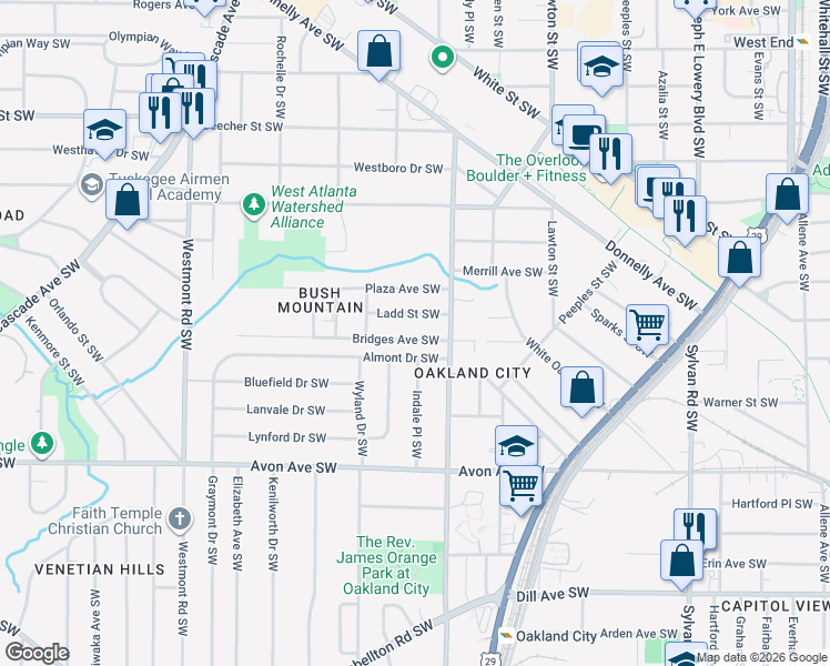 map of restaurants, bars, coffee shops, grocery stores, and more near 1261 Almont Drive Southwest in Atlanta