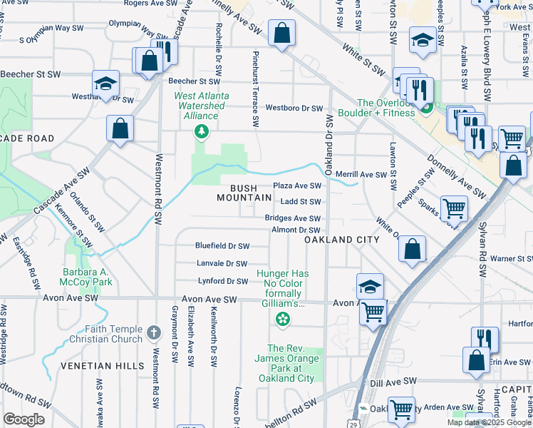 map of restaurants, bars, coffee shops, grocery stores, and more near 1321 Bridges Avenue Southwest in Atlanta
