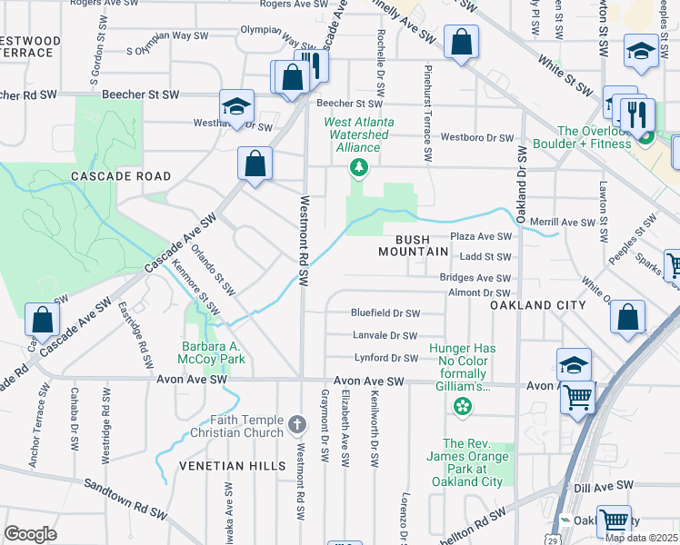 map of restaurants, bars, coffee shops, grocery stores, and more near 1469 Almont Drive Southwest in Atlanta