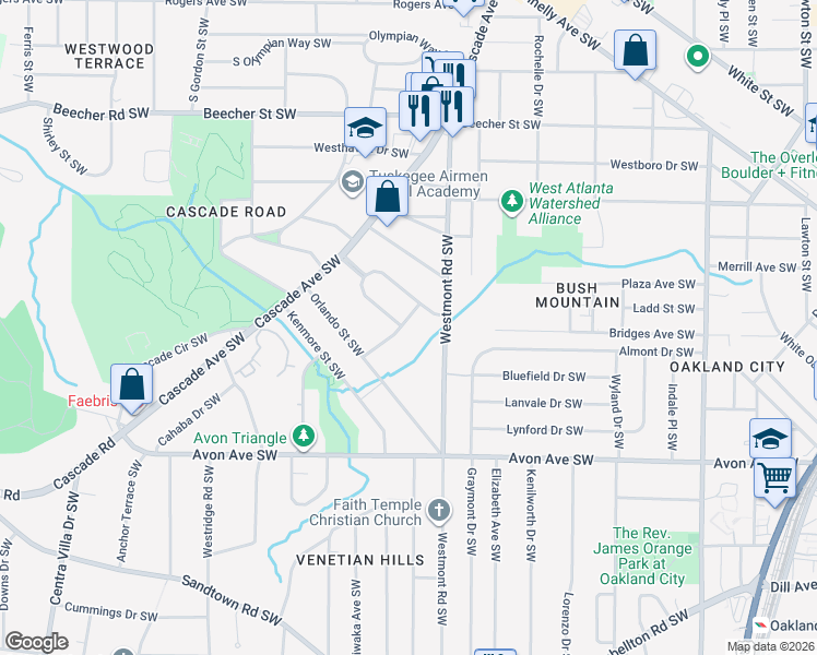 map of restaurants, bars, coffee shops, grocery stores, and more near 1042 Orlando Place Southwest in Atlanta