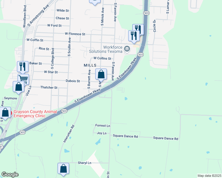 map of restaurants, bars, coffee shops, grocery stores, and more near 501 Amsden Street in Denison
