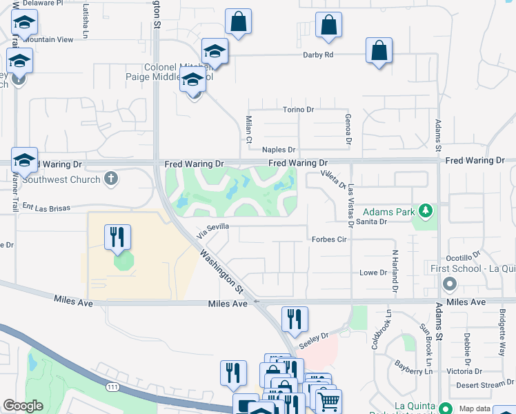 map of restaurants, bars, coffee shops, grocery stores, and more near 78327 Scarlet Court in La Quinta