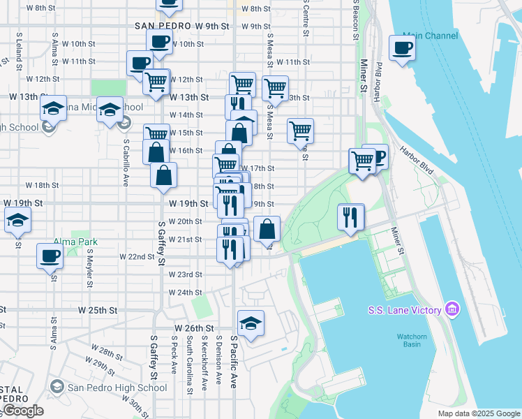 map of restaurants, bars, coffee shops, grocery stores, and more near 423 West 19th Street in Los Angeles