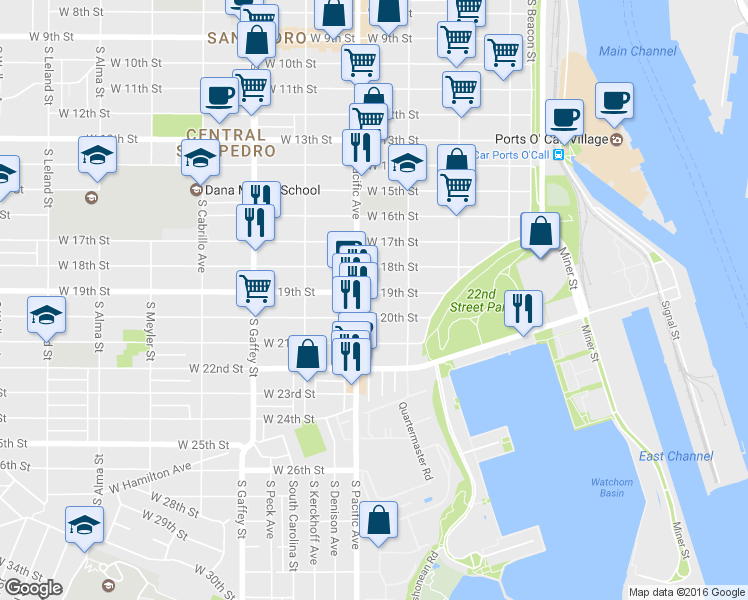 map of restaurants, bars, coffee shops, grocery stores, and more near 469 West 19th Street in Los Angeles