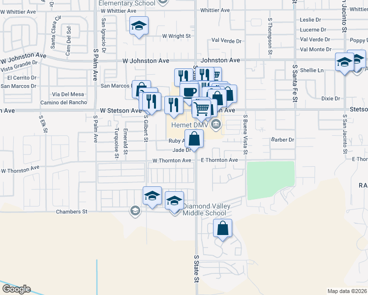 map of restaurants, bars, coffee shops, grocery stores, and more near 200 West Thornton Avenue in Hemet