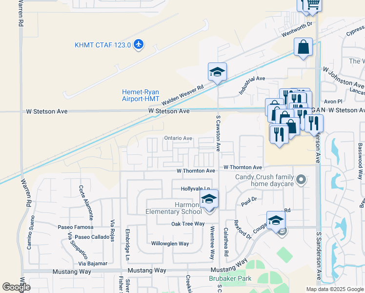 map of restaurants, bars, coffee shops, grocery stores, and more near 1295 South Cawston Avenue in Hemet