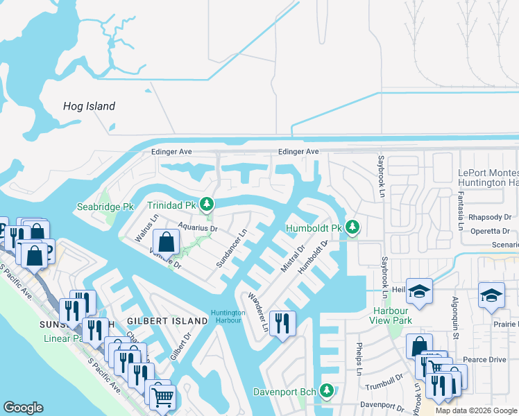 map of restaurants, bars, coffee shops, grocery stores, and more near 3801 Seascape Drive in Huntington Beach