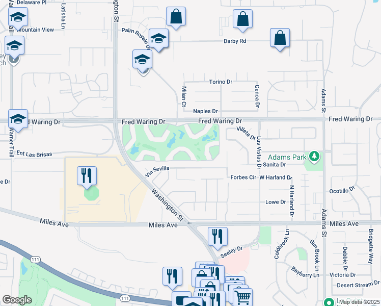 map of restaurants, bars, coffee shops, grocery stores, and more near 78327 Scarlet Court in La Quinta
