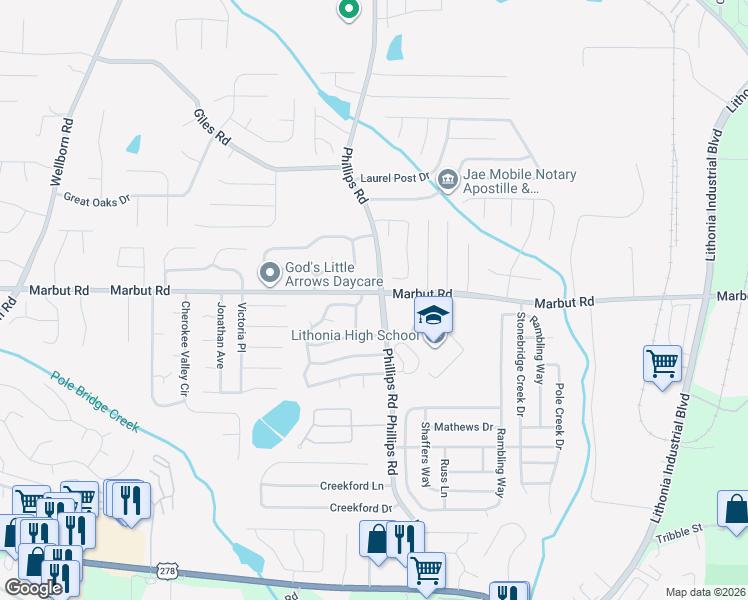 map of restaurants, bars, coffee shops, grocery stores, and more near 2201 Phillips Road in Lithonia