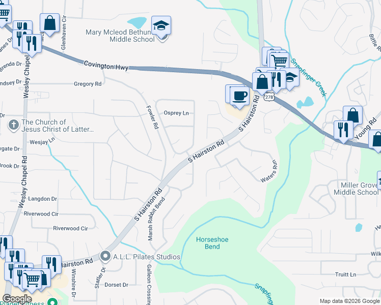 map of restaurants, bars, coffee shops, grocery stores, and more near 2350 Marsh Rabbit Lane in Decatur