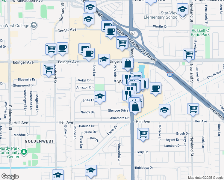 map of restaurants, bars, coffee shops, grocery stores, and more near 16211 Parkside Lane in Huntington Beach