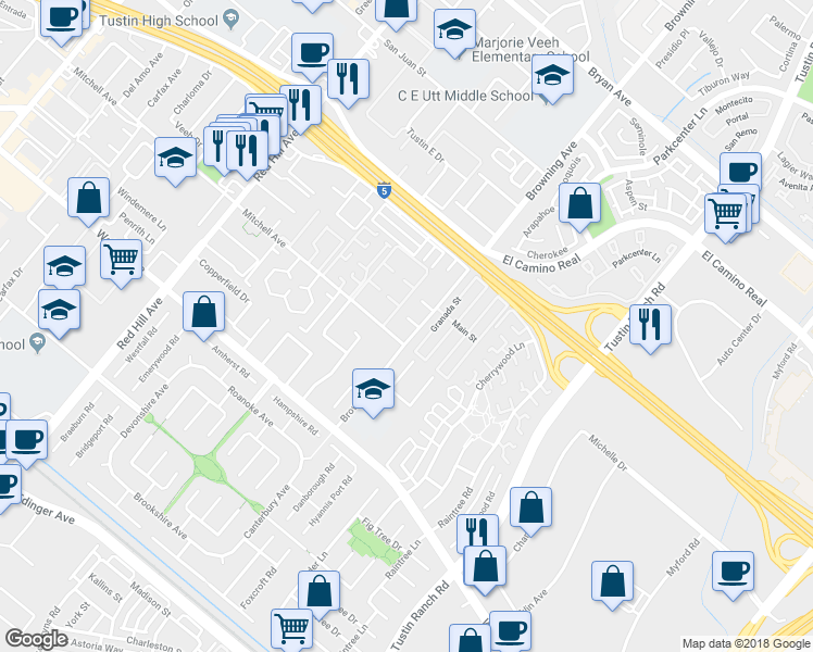 map of restaurants, bars, coffee shops, grocery stores, and more near 1972 Ren Circle in Tustin