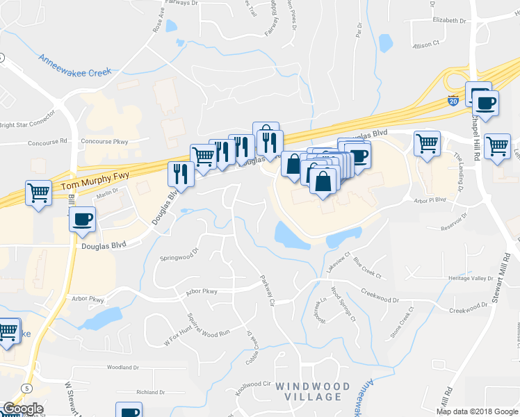 map of restaurants, bars, coffee shops, grocery stores, and more near 6820 Lakewood Terrace in Douglasville