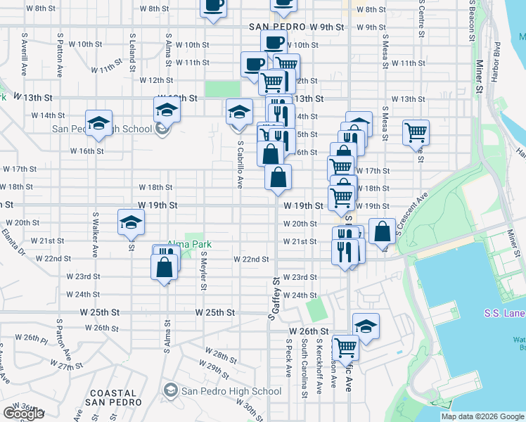 map of restaurants, bars, coffee shops, grocery stores, and more near 735 West 19th Street in Los Angeles