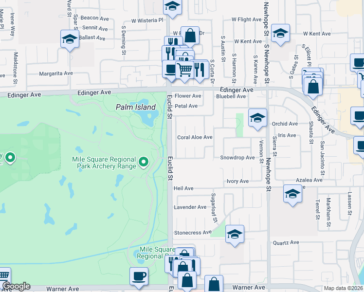 map of restaurants, bars, coffee shops, grocery stores, and more near 16339 Mount Dana Circle in Fountain Valley