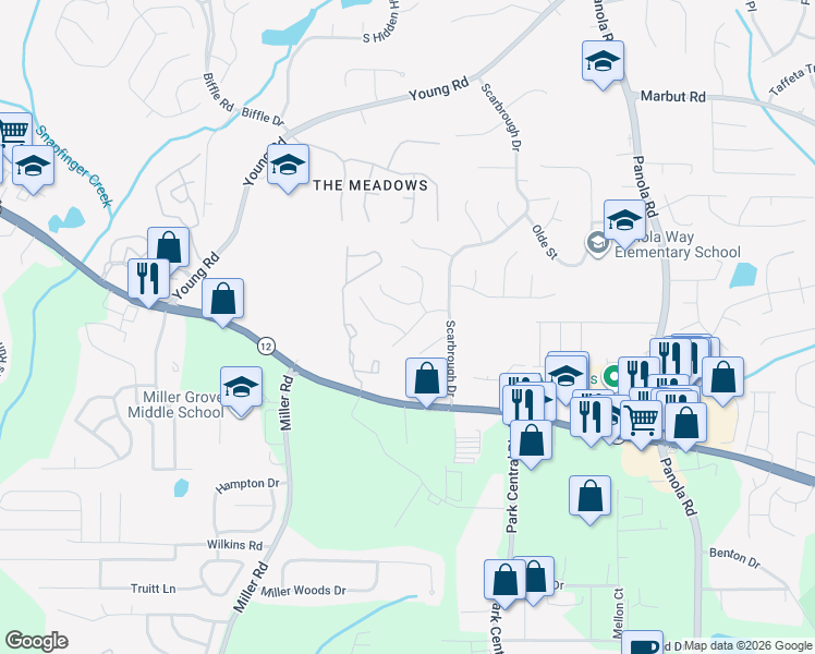map of restaurants, bars, coffee shops, grocery stores, and more near 5175 Scarbrough Lane in Stone Mountain