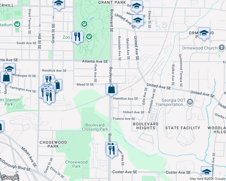 map of restaurants, bars, coffee shops, grocery stores, and more near 1014 Boulevard Southeast in Atlanta