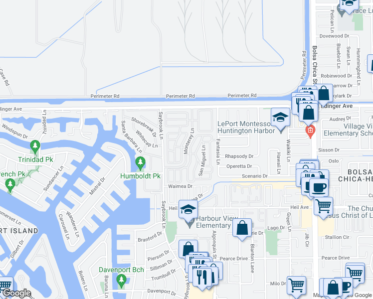 map of restaurants, bars, coffee shops, grocery stores, and more near 16223 Monterey Lane in Huntington Beach