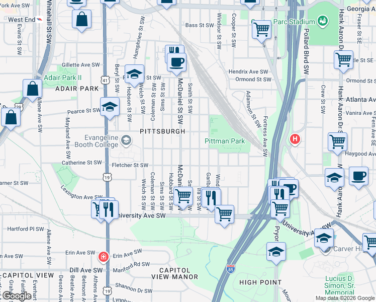 map of restaurants, bars, coffee shops, grocery stores, and more near 1048 Smith Street Southwest in Atlanta