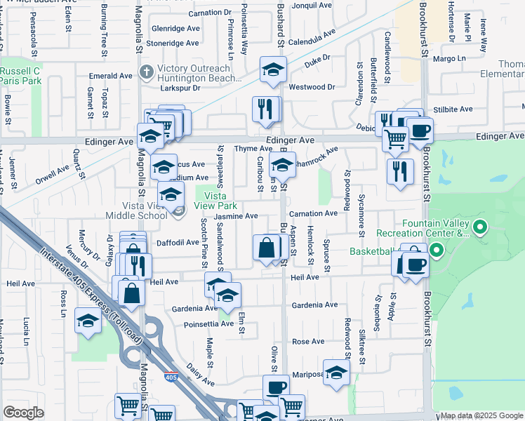 map of restaurants, bars, coffee shops, grocery stores, and more near 9429 Jasmine Avenue in Fountain Valley