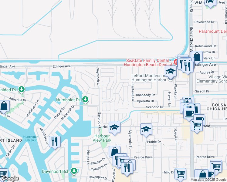 map of restaurants, bars, coffee shops, grocery stores, and more near 16222 Monterey Lane in Huntington Beach