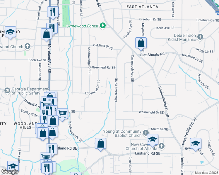 map of restaurants, bars, coffee shops, grocery stores, and more near 2182 Cedarbrook Court Southeast in Atlanta