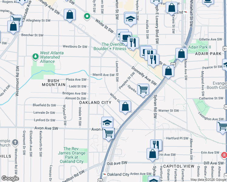 map of restaurants, bars, coffee shops, grocery stores, and more near 1105 Cordova Street Southwest in Atlanta