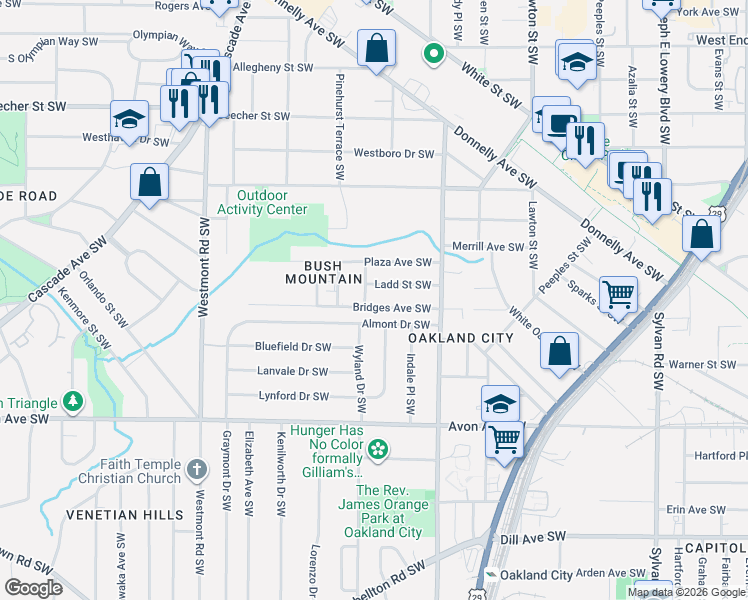 map of restaurants, bars, coffee shops, grocery stores, and more near 1305 Ladd Street Southwest in Atlanta