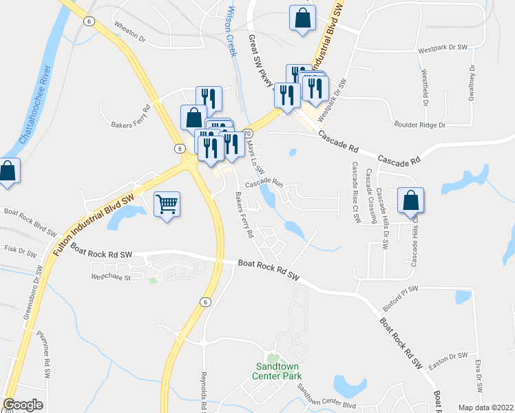 map of restaurants, bars, coffee shops, grocery stores, and more near 5611 South Monte Vista Drive Southwest in Atlanta