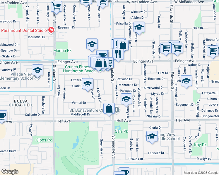map of restaurants, bars, coffee shops, grocery stores, and more near 16181 Springdale Street in Huntington Beach