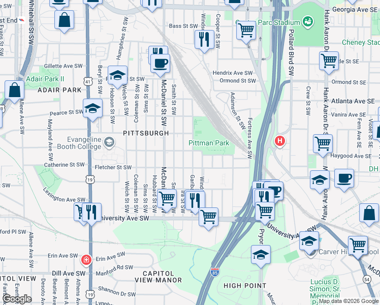 map of restaurants, bars, coffee shops, grocery stores, and more near 1001 Garibaldi Street Southwest in Atlanta