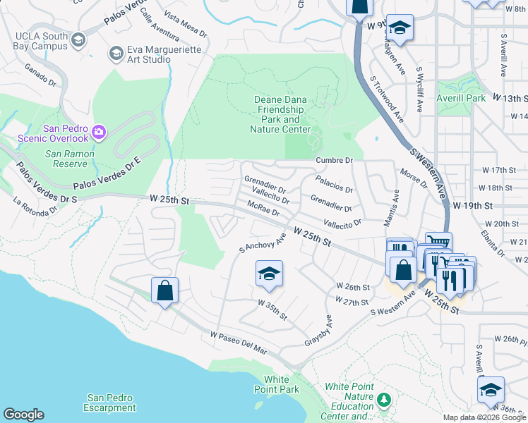 map of restaurants, bars, coffee shops, grocery stores, and more near 2145 McRae Drive in Los Angeles