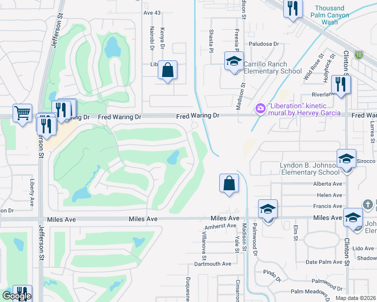 map of restaurants, bars, coffee shops, grocery stores, and more near 44327 Royal Lytham Drive in Indio