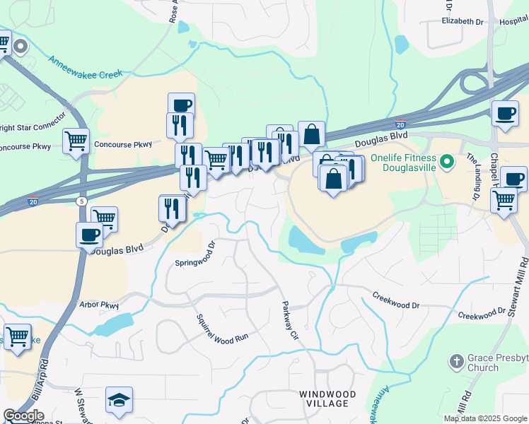 map of restaurants, bars, coffee shops, grocery stores, and more near 6712 Lakewood Drive in Douglasville