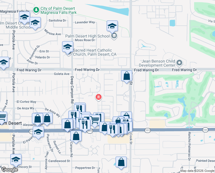 map of restaurants, bars, coffee shops, grocery stores, and more near 74923 Verbena Court in Indian Wells