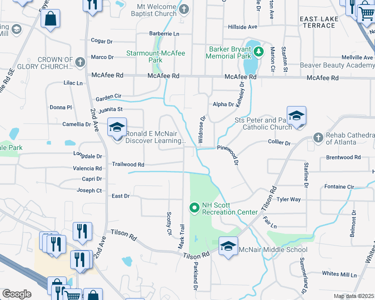 map of restaurants, bars, coffee shops, grocery stores, and more near 2164 Mark Trail in Decatur