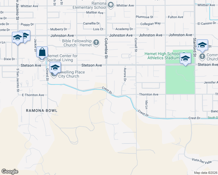map of restaurants, bars, coffee shops, grocery stores, and more near 27190 Columbia Street in Hemet