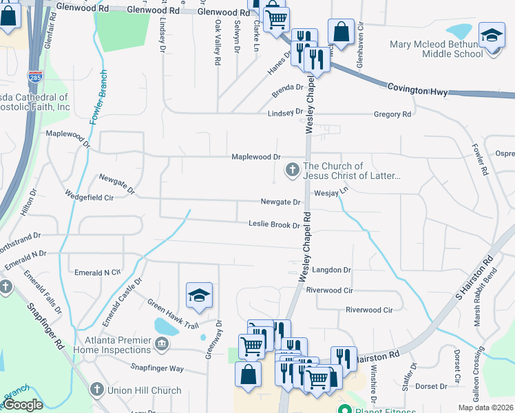map of restaurants, bars, coffee shops, grocery stores, and more near 2403 Newgate Drive in Decatur