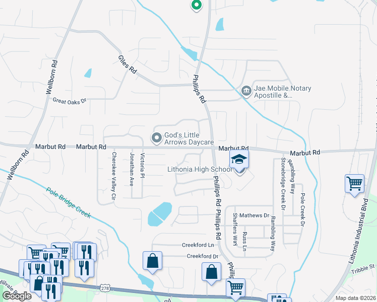 map of restaurants, bars, coffee shops, grocery stores, and more near 2074 Corners Circle in Lithonia