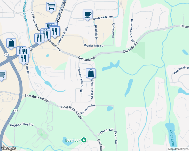 map of restaurants, bars, coffee shops, grocery stores, and more near 106 Lost Springs Lane Southwest in Atlanta