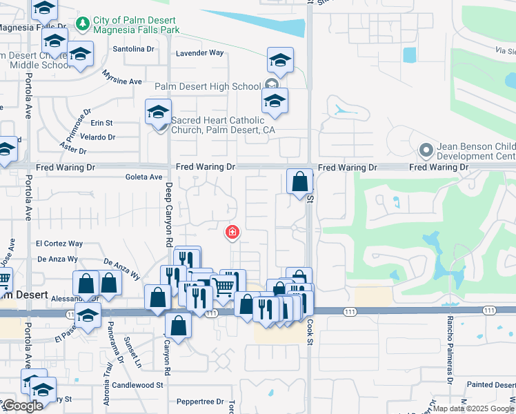 map of restaurants, bars, coffee shops, grocery stores, and more near 74935 Saguaro Lane in Indian Wells