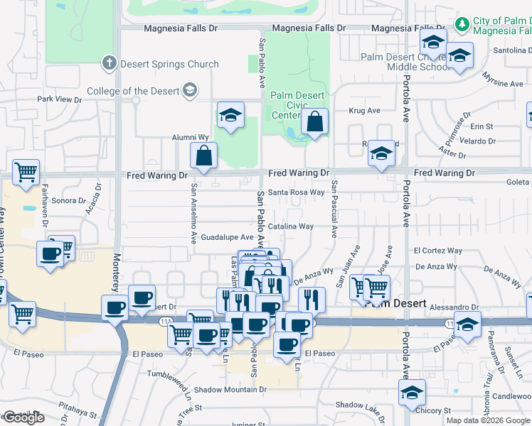 map of restaurants, bars, coffee shops, grocery stores, and more near 44220 San Pablo Avenue in Palm Desert