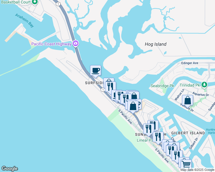 map of restaurants, bars, coffee shops, grocery stores, and more near 16118 Mariner Drive in Huntington Beach