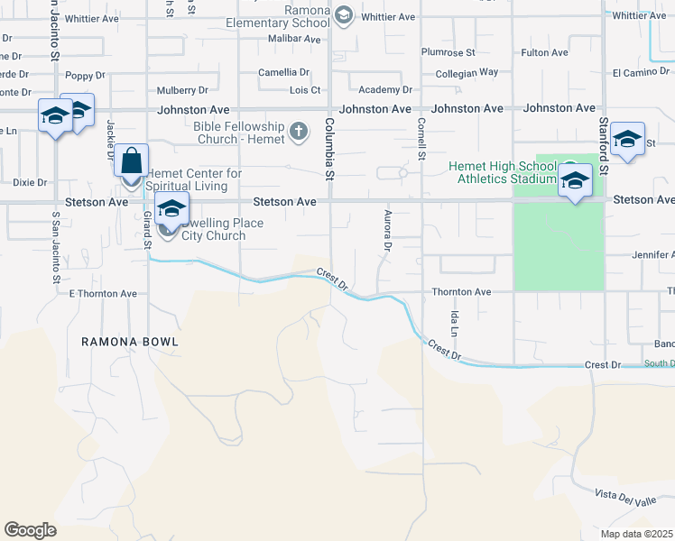 map of restaurants, bars, coffee shops, grocery stores, and more near 27190 Columbia Street in Hemet
