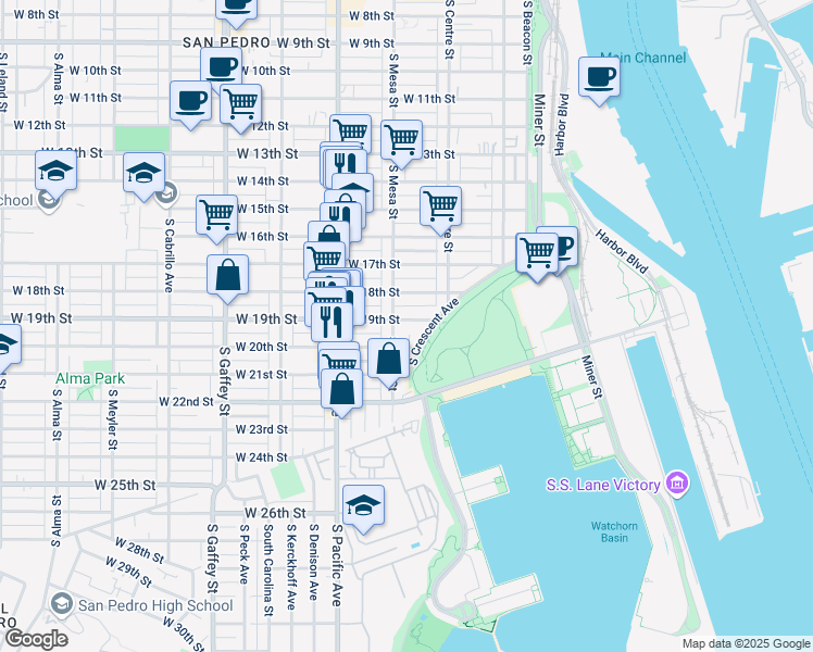 map of restaurants, bars, coffee shops, grocery stores, and more near 375 West 19th Street in Los Angeles
