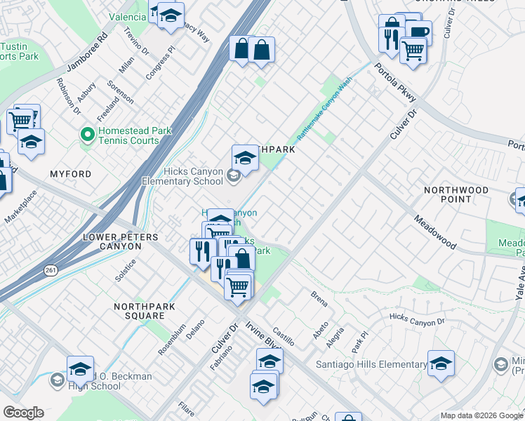 map of restaurants, bars, coffee shops, grocery stores, and more near 21 Bel Springs in Irvine