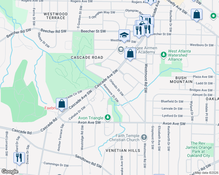 map of restaurants, bars, coffee shops, grocery stores, and more near 1666 Orlando Street Southwest in Atlanta